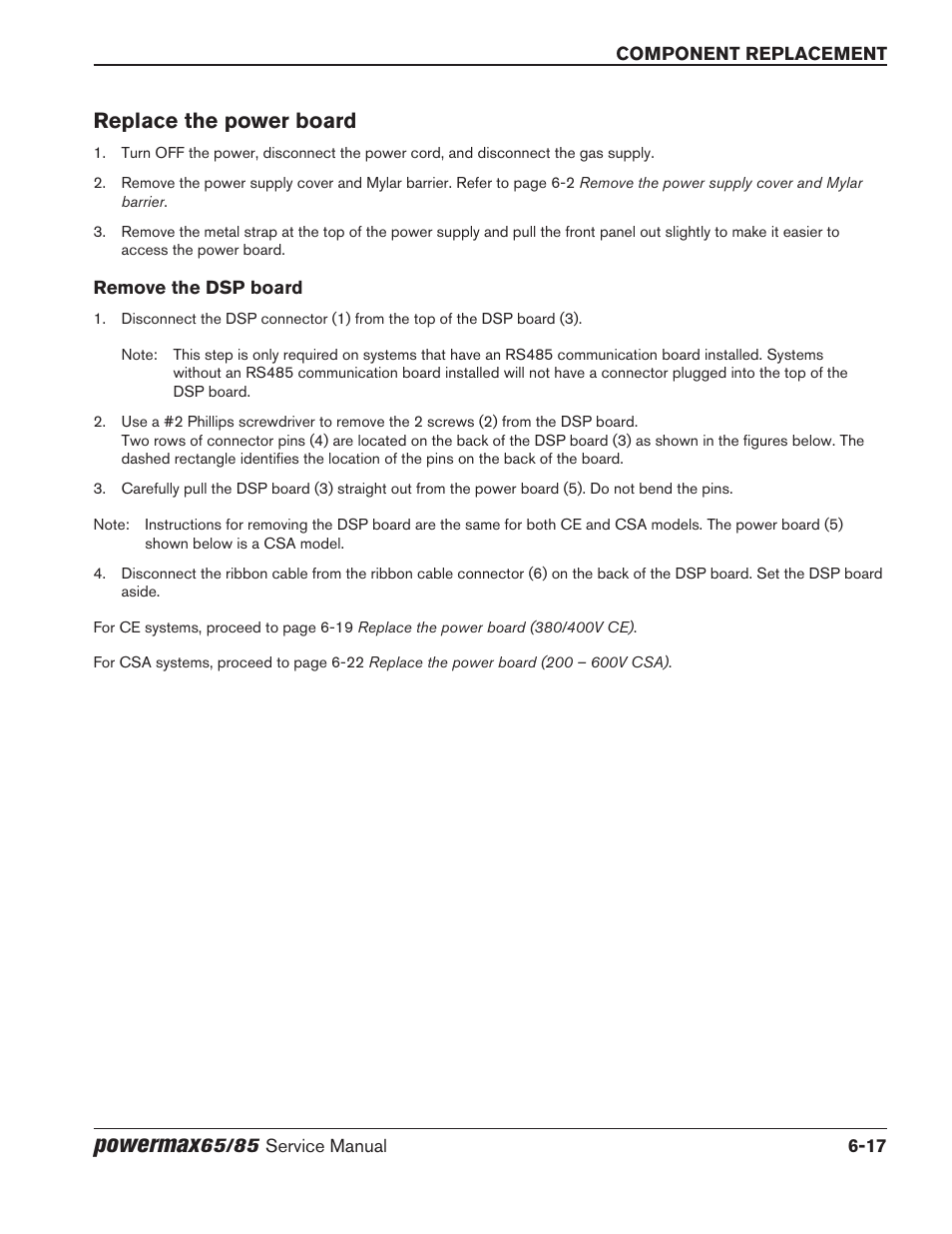 Replace the power board, Remove the dsp board, Replace the power board -17 | Remove the dsp board -17, Powermax | Hypertherm Powermax65 Service Manual Rev.1 User Manual | Page 199 / 248