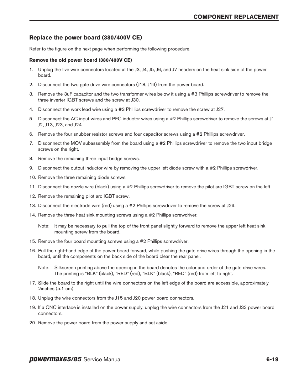 Replace the power board (380/400v ce), Replace the power board (380/400v ce) -19, Powermax | Hypertherm Powermax65 Service Manual Rev.1 User Manual | Page 201 / 248