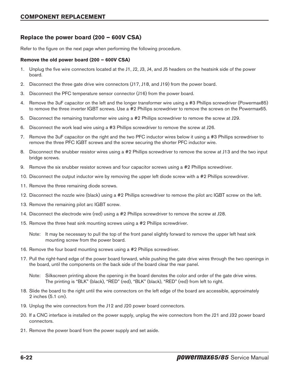 Replace the power board (200 – 600v csa), Replace the power board (200 – 600v csa) -22, Powermax | Hypertherm Powermax65 Service Manual Rev.1 User Manual | Page 204 / 248