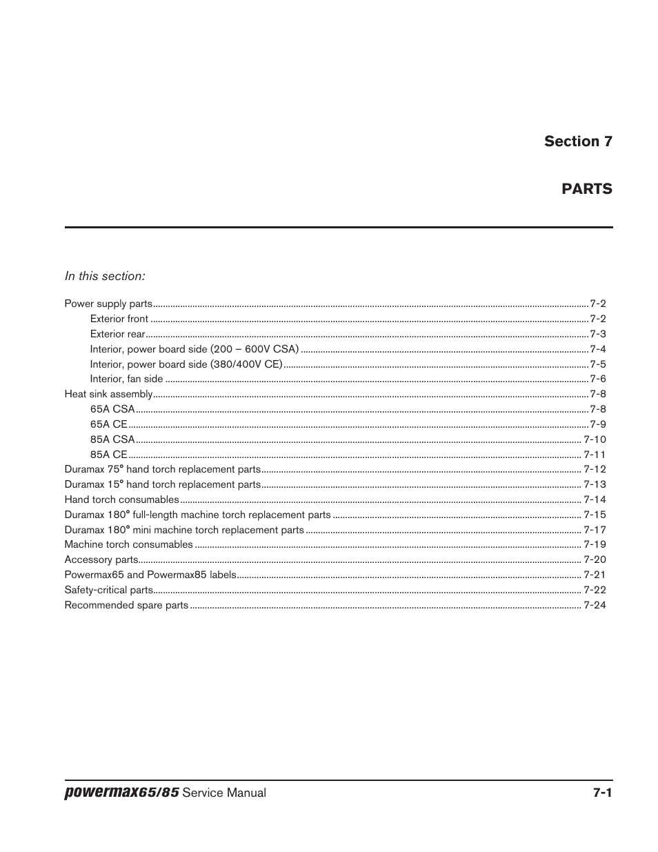 Section 7, Parts, Section 7 parts | Powermax | Hypertherm Powermax65 Service Manual Rev.1 User Manual | Page 217 / 248