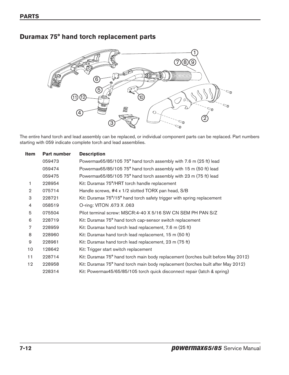 Duramax 75° hand torch replacement parts, Duramax 75° hand torch replacement parts -12, Powermax | Hypertherm Powermax65 Service Manual Rev.1 User Manual | Page 228 / 248