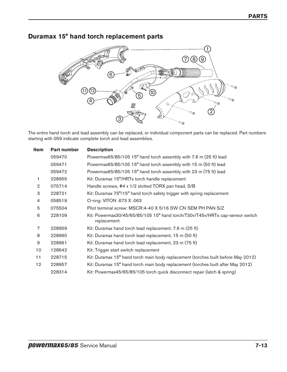 Duramax 15° hand torch replacement parts, Duramax 15° hand torch replacement parts -13, Powermax | Hypertherm Powermax65 Service Manual Rev.1 User Manual | Page 229 / 248