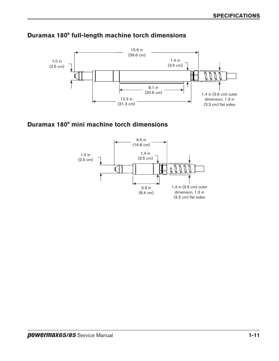 Duramax 180° full‑length machine torch dimensions, Duramax 180° mini machine torch dimensions, Powermax | Duramax 180° full-length machine torch dimensions | Hypertherm Powermax65 Service Manual Rev.1 User Manual | Page 27 / 248