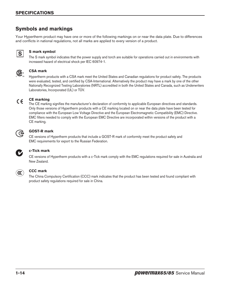 Symbols and markings, Symbols and markings -14, Powermax | Hypertherm Powermax65 Service Manual Rev.1 User Manual | Page 30 / 248
