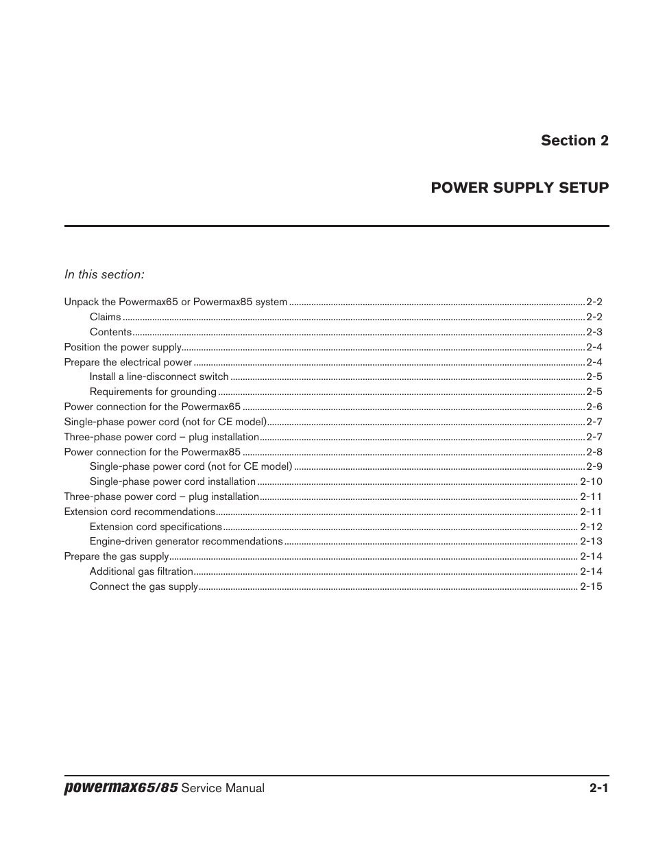 Section 2, Power supply setup, Section 2 power supply setup | Powermax | Hypertherm Powermax65 Service Manual Rev.1 User Manual | Page 33 / 248