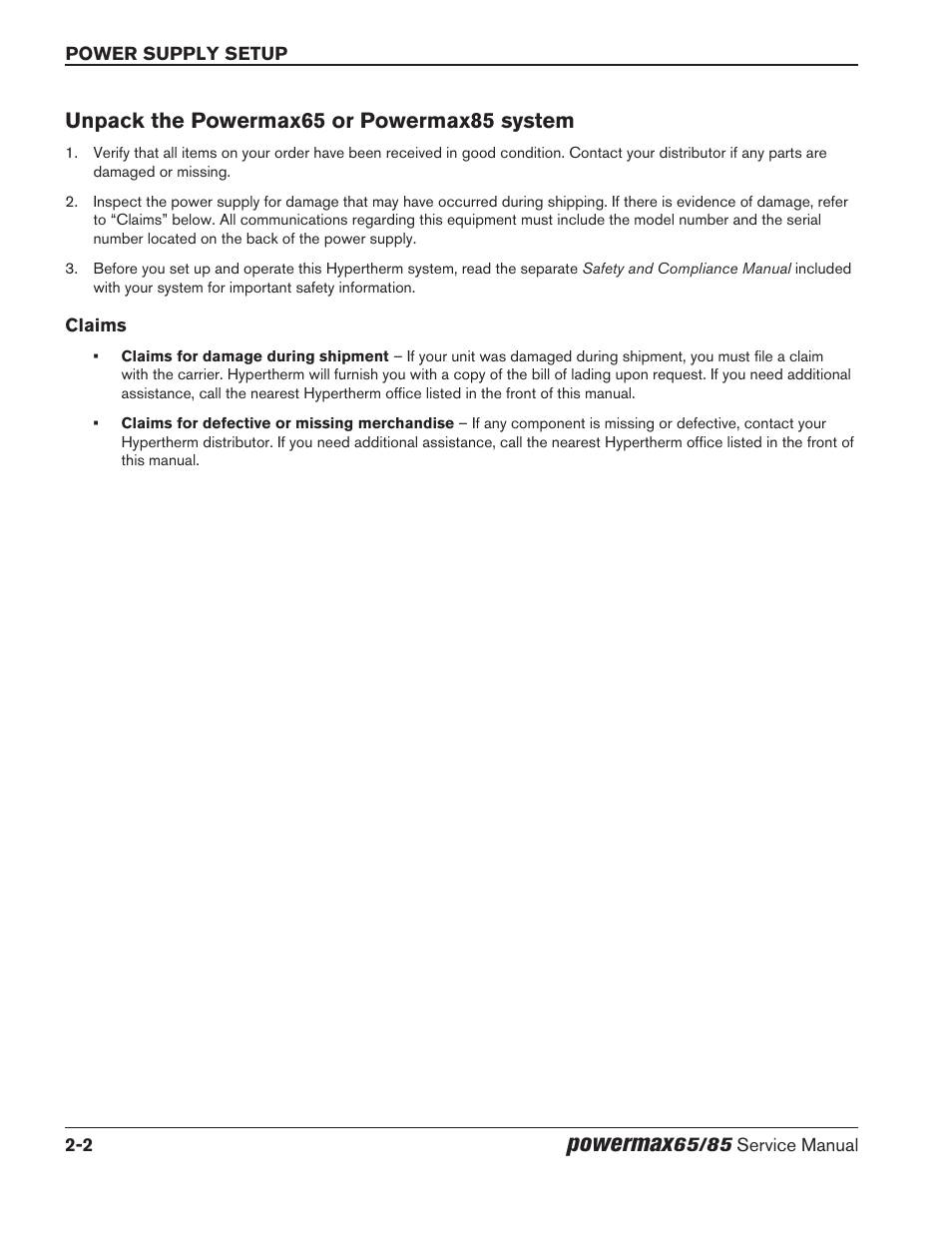 Unpack the powermax65 or powermax85 system, Claims, Unpack the powermax65 or powermax85 system -2 | Claims -2, Powermax | Hypertherm Powermax65 Service Manual Rev.1 User Manual | Page 34 / 248