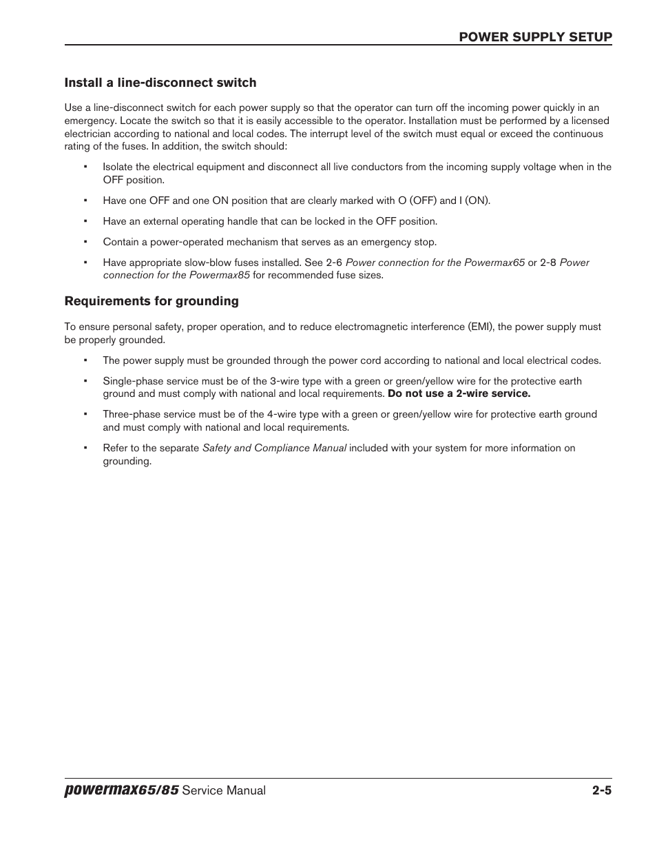 Install a line‑disconnect switch, Requirements for grounding, Powermax | Hypertherm Powermax65 Service Manual Rev.1 User Manual | Page 37 / 248