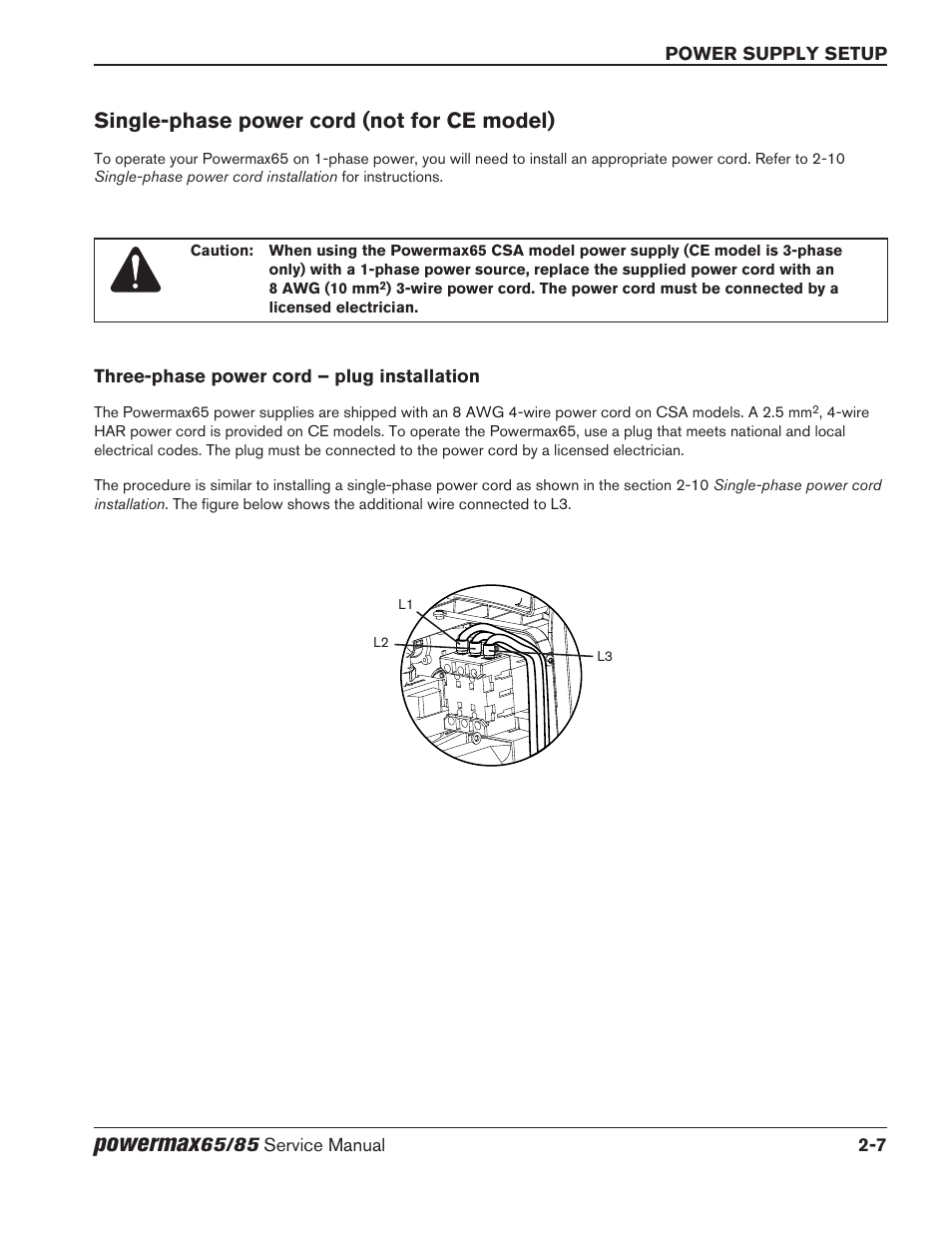 Single‑phase power cord (not for ce model), Three‑phase power cord – plug installation, Powermax | Single-phase power cord (not for ce model) | Hypertherm Powermax65 Service Manual Rev.1 User Manual | Page 39 / 248