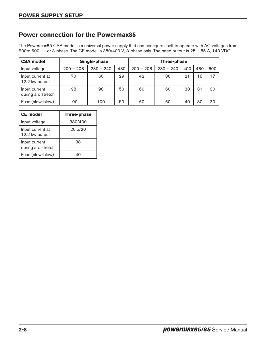 Power connection for the powermax85, Power connection for the powermax85 -8, Powermax | Hypertherm Powermax65 Service Manual Rev.1 User Manual | Page 40 / 248