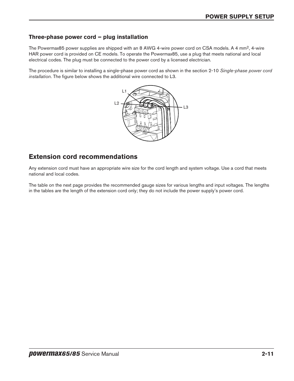 Three‑phase power cord – plug installation, Extension cord recommendations, Powermax | Hypertherm Powermax65 Service Manual Rev.1 User Manual | Page 43 / 248