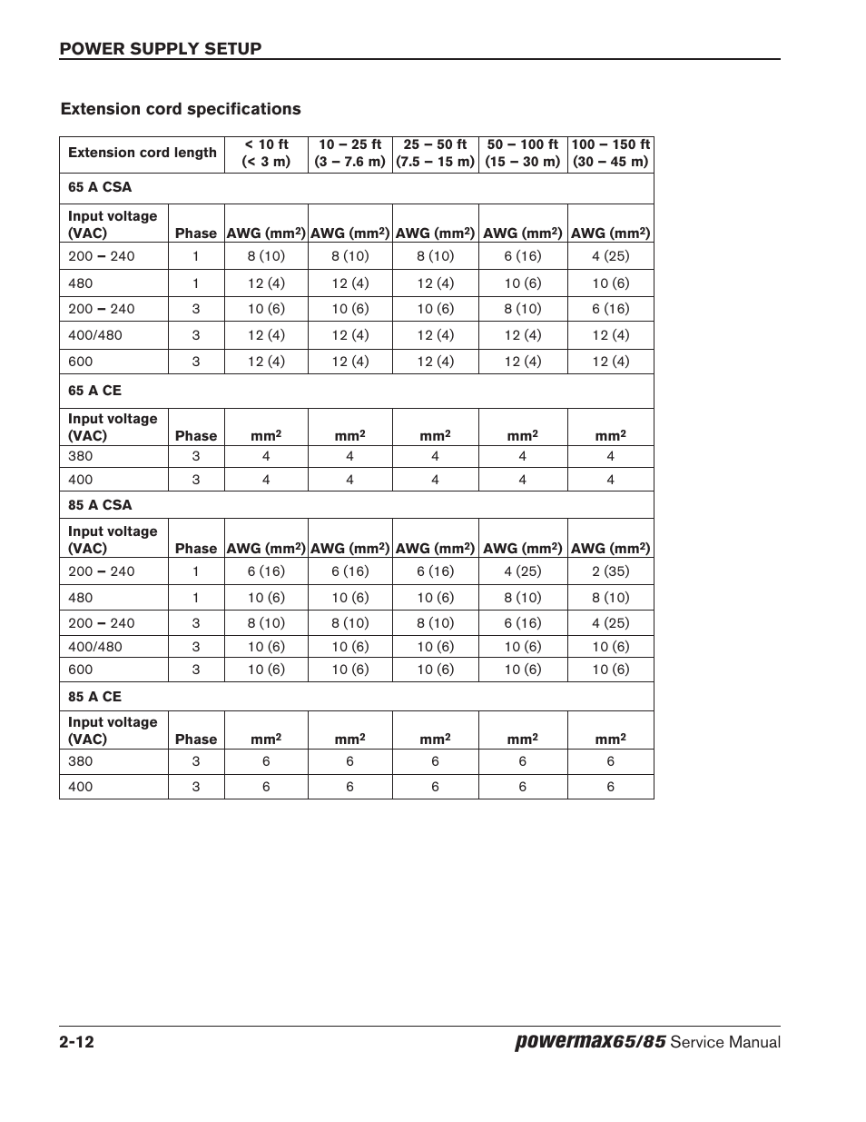 Extension cord specifications, Extension cord specifications -12, Powermax | Hypertherm Powermax65 Service Manual Rev.1 User Manual | Page 44 / 248