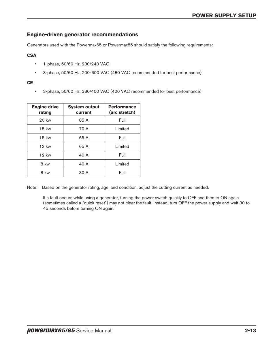 Engine‑driven generator recommendations, Engine-driven generator recommendations -13, Powermax | Hypertherm Powermax65 Service Manual Rev.1 User Manual | Page 45 / 248