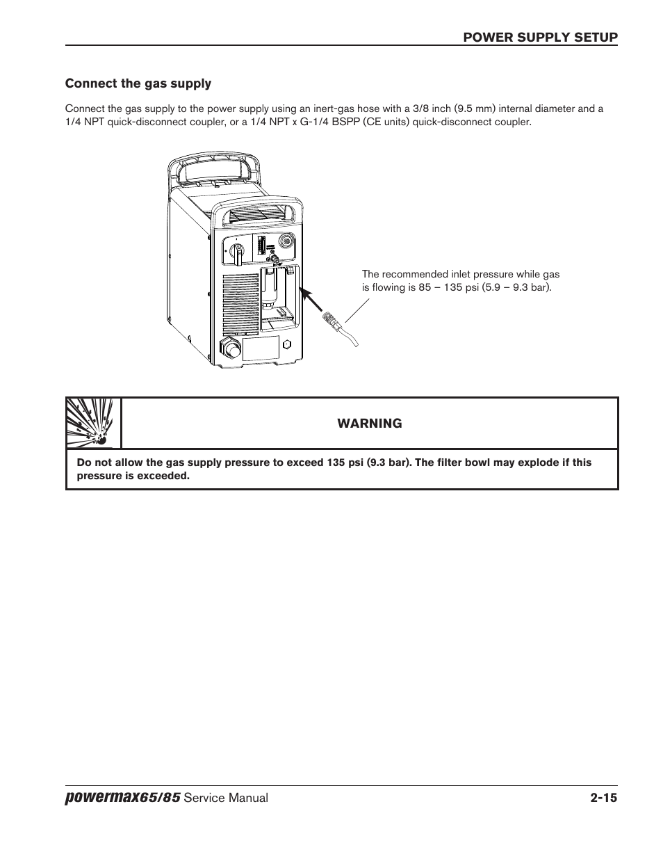 Connect the gas supply, Connect the gas supply -15, Powermax | Hypertherm Powermax65 Service Manual Rev.1 User Manual | Page 47 / 248