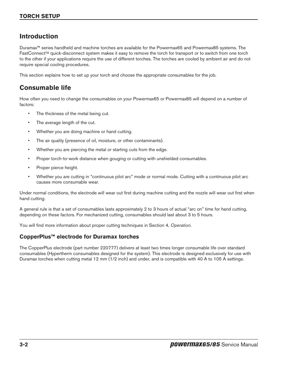 Introduction, Consumable life, Copperplus™ electrode for duramax torches | Introduction -2 consumable life -2, Copperplus™ electrode for duramax torches -2, Powermax | Hypertherm Powermax65 Service Manual Rev.1 User Manual | Page 50 / 248