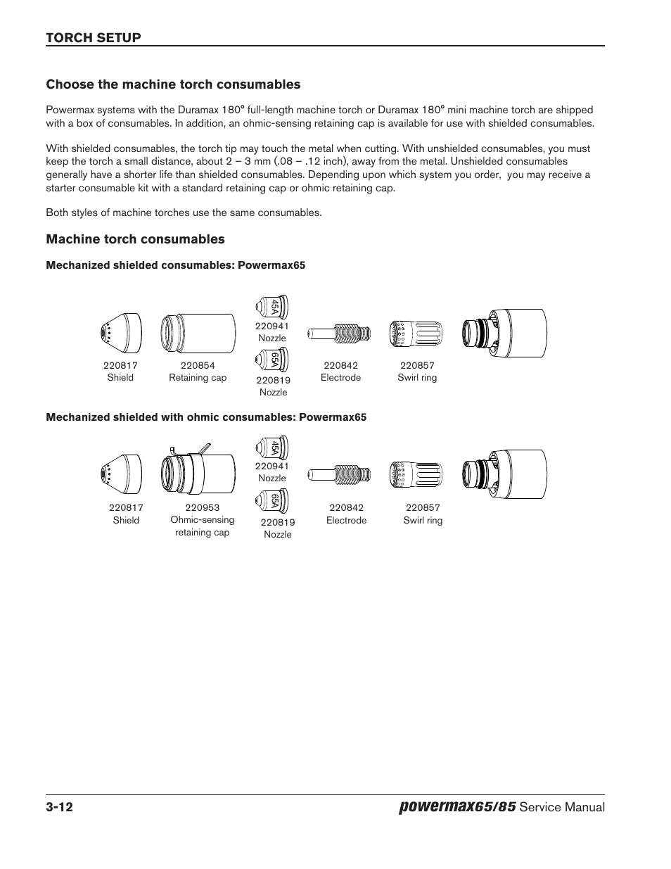 Choose the machine torch consumables, Machine torch consumables, Powermax | Torch setup 3-12, 65/85 service manual | Hypertherm Powermax65 Service Manual Rev.1 User Manual | Page 60 / 248