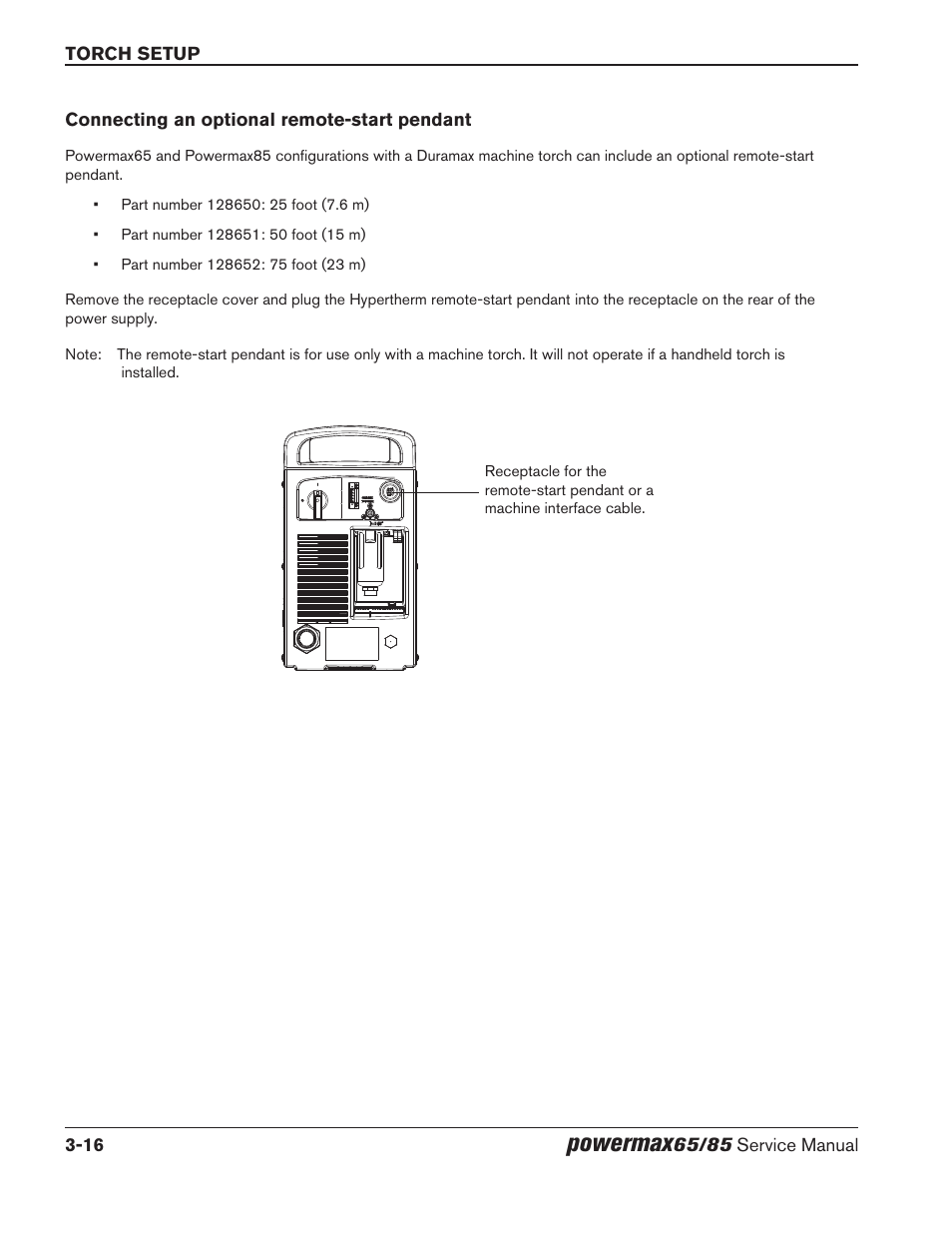Connecting an optional remote‑start pendant, Connecting an optional remote-start pendant -16, Powermax | Hypertherm Powermax65 Service Manual Rev.1 User Manual | Page 64 / 248