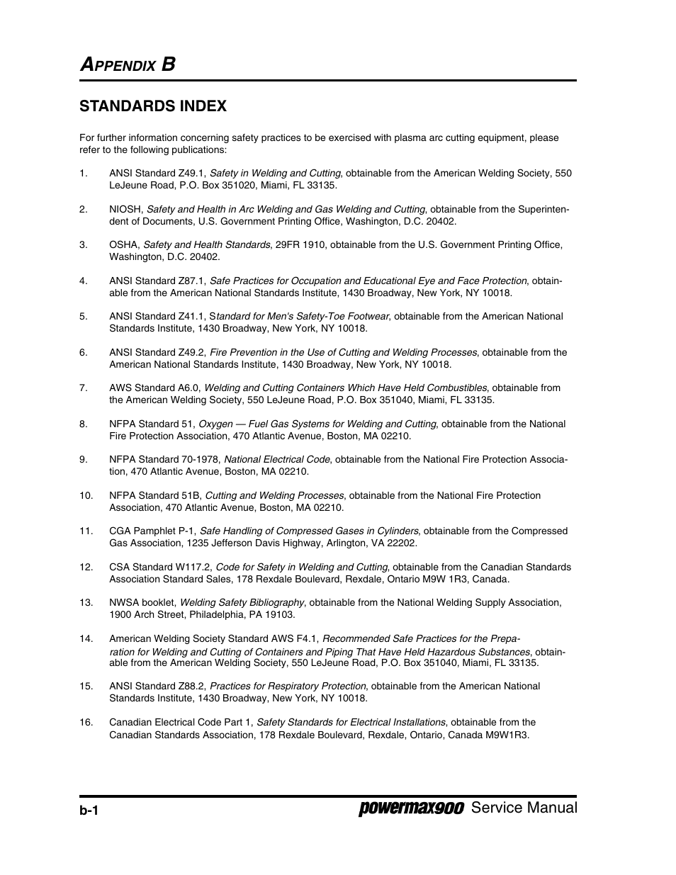 Appendix b standards index, Service manual standards index, Ppendix | Hypertherm Powermax900 Service Manual User Manual | Page 105 / 107