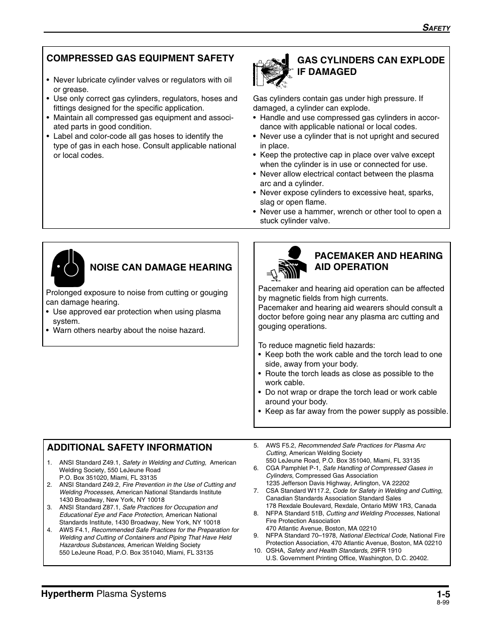 5 hypertherm plasma systems, Compressed gas equipment safety, Gas cylinders can explode if damaged | Noise can damage hearing | Hypertherm Powermax900 Service Manual User Manual | Page 14 / 107