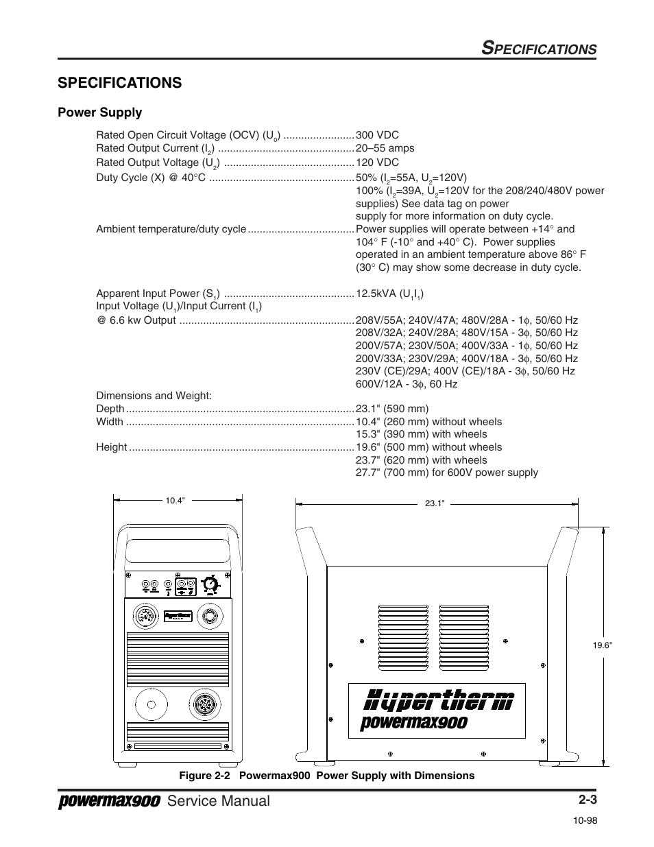 Service manual specifications, Pecifications, Power supply | Hypertherm Powermax900 Service Manual User Manual | Page 24 / 107