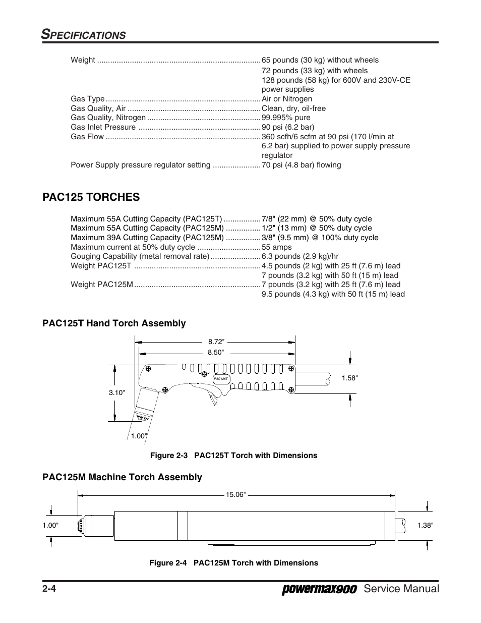 Service manual, Pac125 torches, Pecifications | Hypertherm Powermax900 Service Manual User Manual | Page 25 / 107