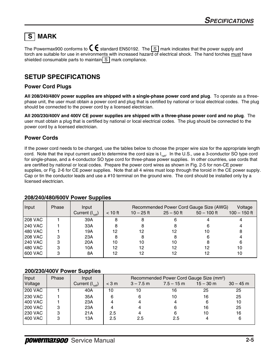 Service manual, S mark, Setup specifications | Pecifications | Hypertherm Powermax900 Service Manual User Manual | Page 26 / 107