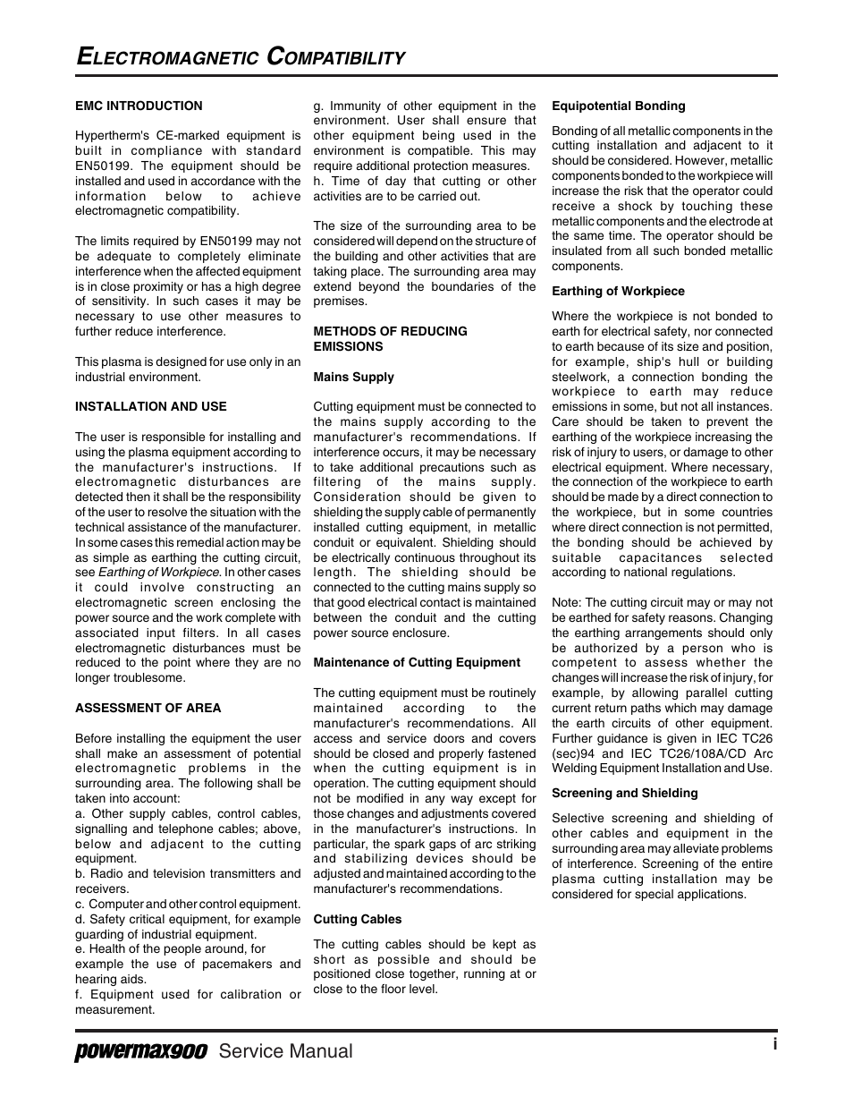 Service manual, Lectromagnetic, Ompatibility | Hypertherm Powermax900 Service Manual User Manual | Page 4 / 107