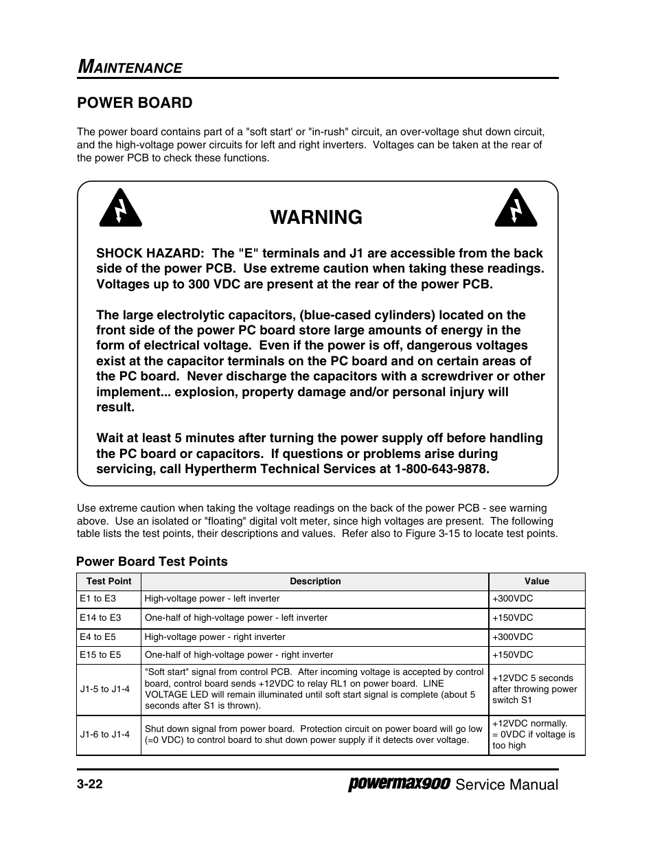 Warning, Service manual power board, Aintenance | Power board test points | Hypertherm Powermax900 Service Manual User Manual | Page 49 / 107