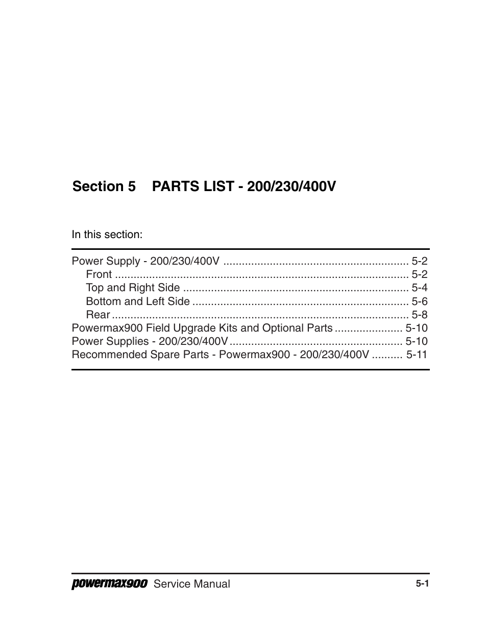 Section 5 parts list-200/230/400v | Hypertherm Powermax900 Service Manual User Manual | Page 70 / 107