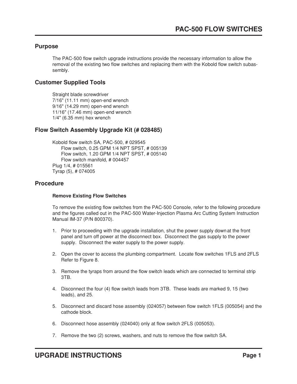 Upgrade instructions pac-500 flow switches | Hypertherm PAC500 Flow Switch Upgrade User Manual | Page 3 / 5