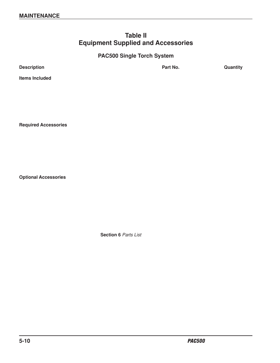 Table ii – equipment supplied and accessories -10, Pac500 single torch system -10, Table ii equipment supplied and accessories | Hypertherm PAC500 Water Injection Plasma Cutting System User Manual | Page 51 / 96