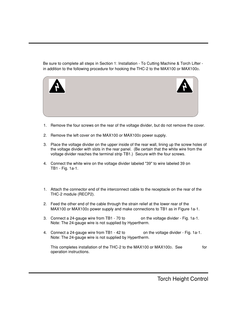 Mount the voltage divider to max100 or max100, Install interconnect cable to max100 or max100, Thc-2 torch height control | Hypertherm THC2 Torch Height Control User Manual | Page 15 / 41