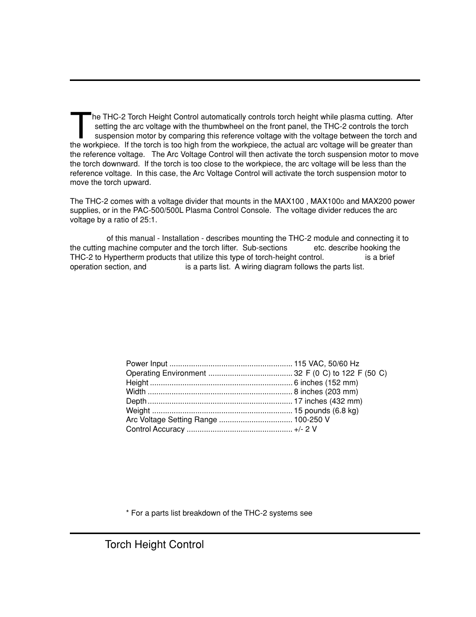 Description and specifications | Hypertherm THC2 Torch Height Control User Manual | Page 8 / 41