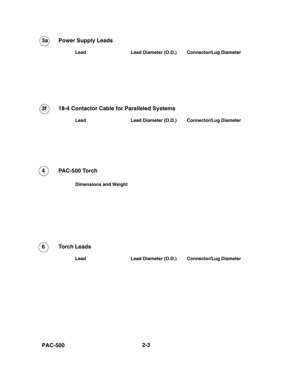 Power supply leads -3, 4 contactor cable for paralleled systems -3, Pac-500 torch -3 | Torch leads -3 | Hypertherm PAC500 Product Configuration User Manual | Page 42 / 58