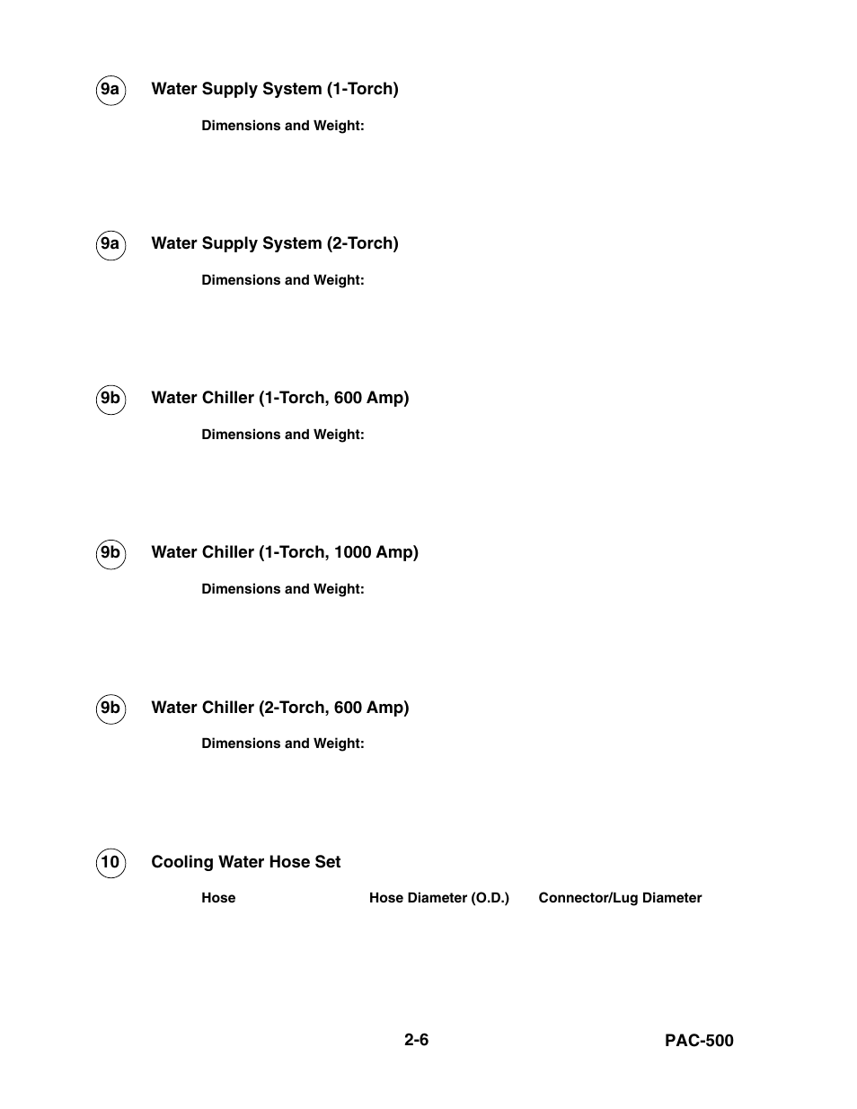 Water supply system (1-torch) -6, Water supply system (2-torch) -6, Water chiller (1-torch, 600 amp) -6 | Water chiller (1-torch, 1000 amp) -6, Water chiller (2-torch, 600 amp) -6, Cooling water hose set -6 | Hypertherm PAC500 Product Configuration User Manual | Page 45 / 58