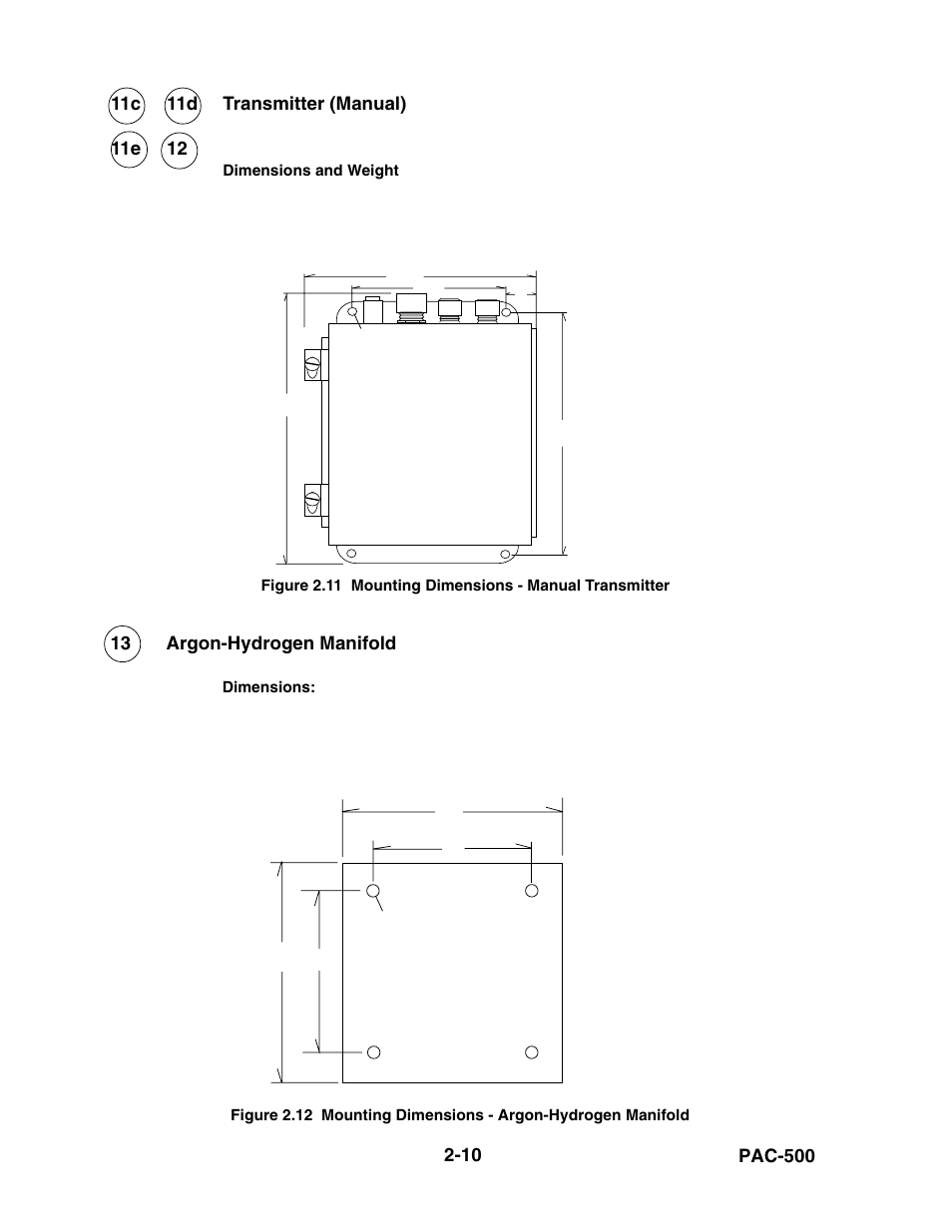 Figure 2.11, Mounting dimensions - manual transmitter -10, Figure 2.12 | Mounting dimensions - argon-hydrogen manifold -10, 11c transmitter (manual) -10 13, Argon-hydrogen manifold -10 | Hypertherm PAC500 Product Configuration User Manual | Page 49 / 58