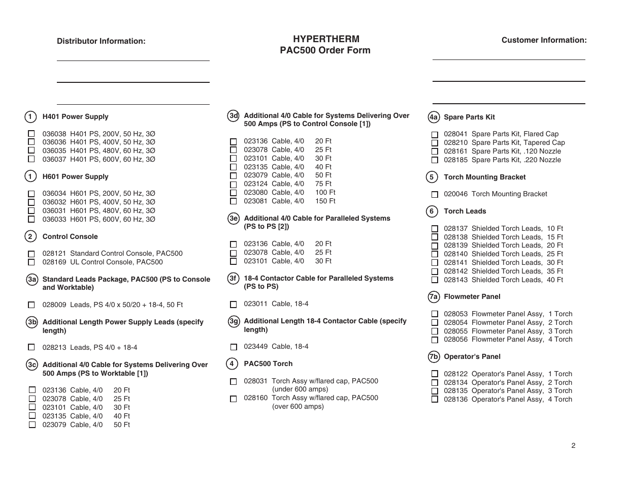 Pac500 order form, Hypertherm pac500 order form | Hypertherm PAC500 Product Configuration User Manual | Page 57 / 58