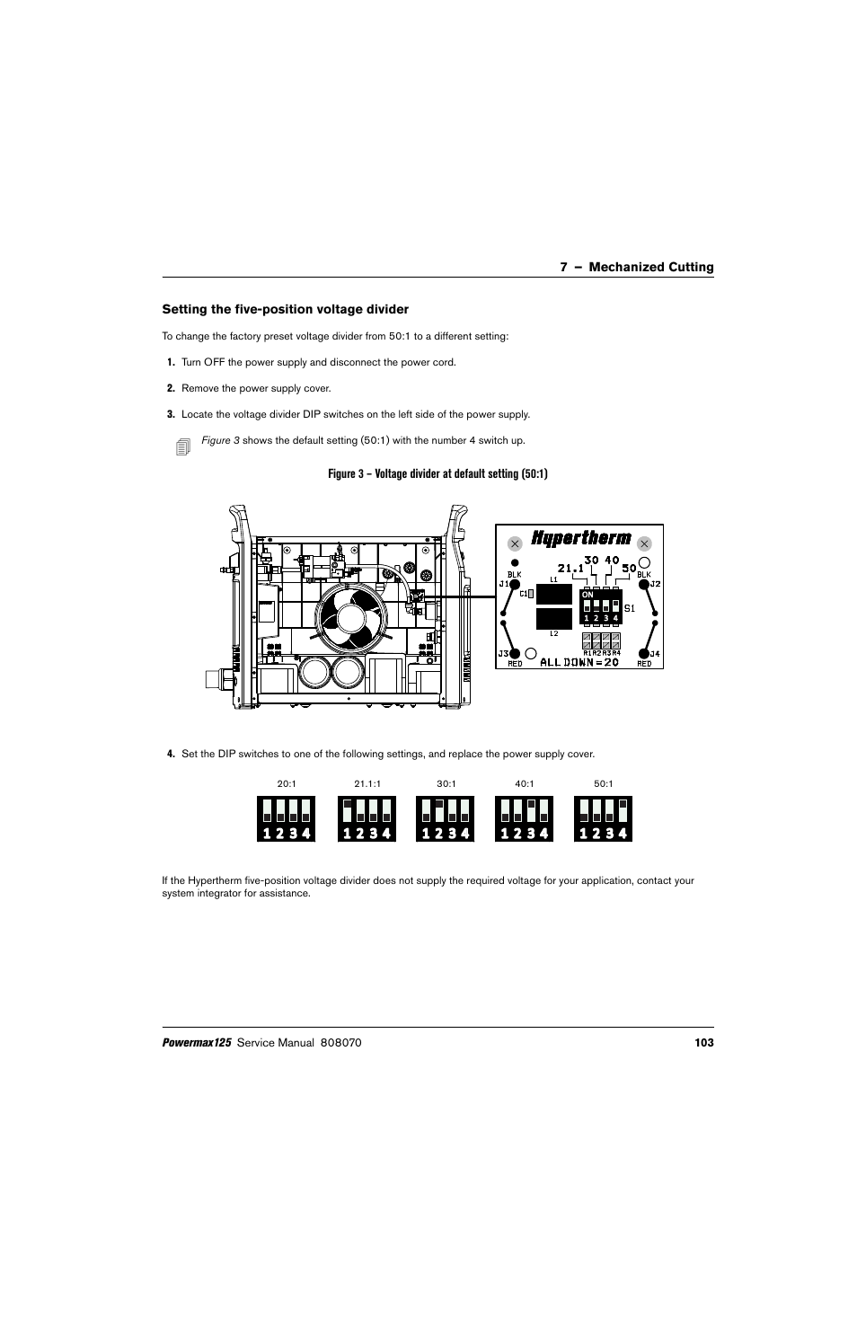 Setting the five-position voltage divider | Hypertherm Powermax125 Service Manua User Manual | Page 103 / 317