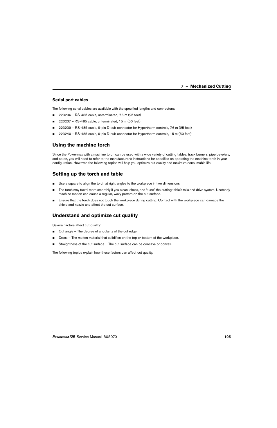 Serial port cables, Using the machine torch, Setting up the torch and table | Understand and optimize cut quality | Hypertherm Powermax125 Service Manua User Manual | Page 105 / 317