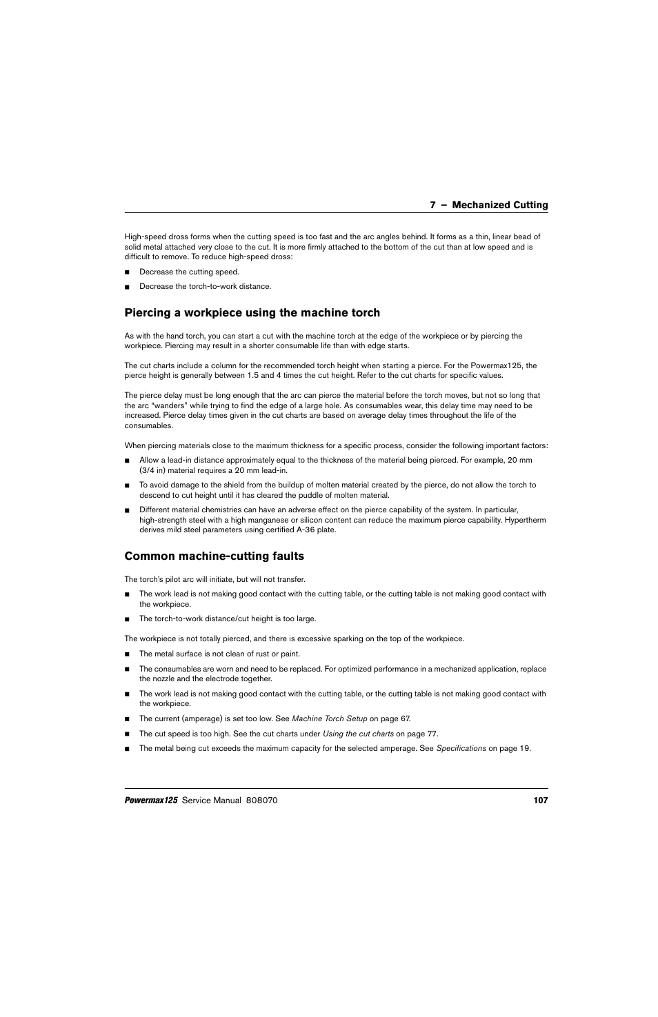 Piercing a workpiece using the machine torch, Common machine-cutting faults | Hypertherm Powermax125 Service Manua User Manual | Page 107 / 317