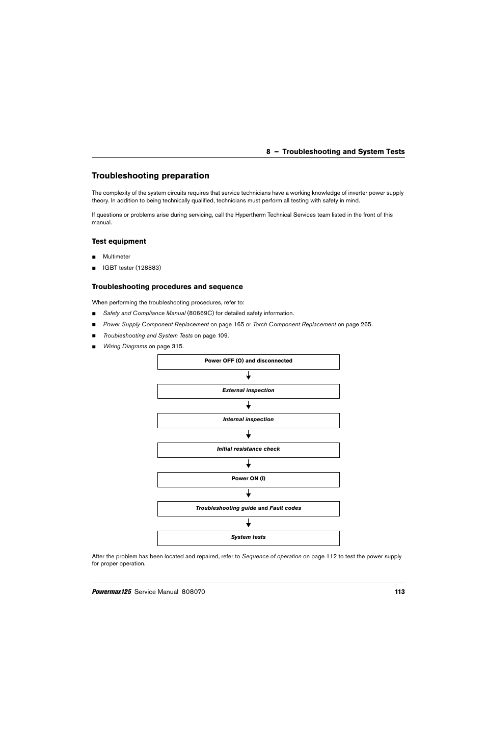 Troubleshooting preparation, Test equipment, Troubleshooting procedures and sequence | Hypertherm Powermax125 Service Manua User Manual | Page 113 / 317