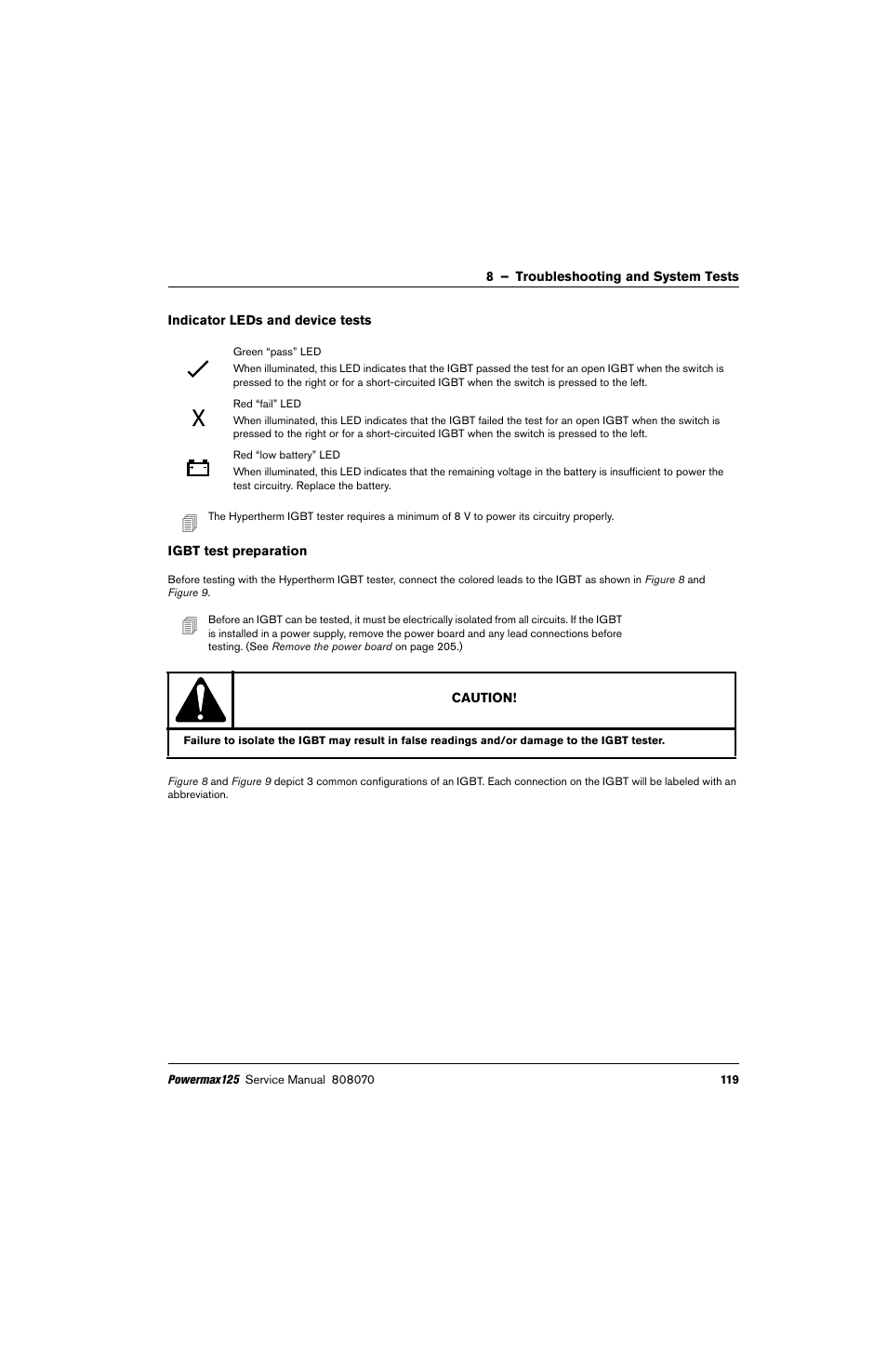 Indicator leds and device tests, Igbt test preparation | Hypertherm Powermax125 Service Manua User Manual | Page 119 / 317