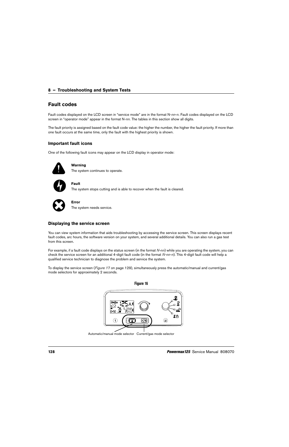 Fault codes, Important fault icons, Displaying the service screen | D fault codes | Hypertherm Powermax125 Service Manua User Manual | Page 128 / 317