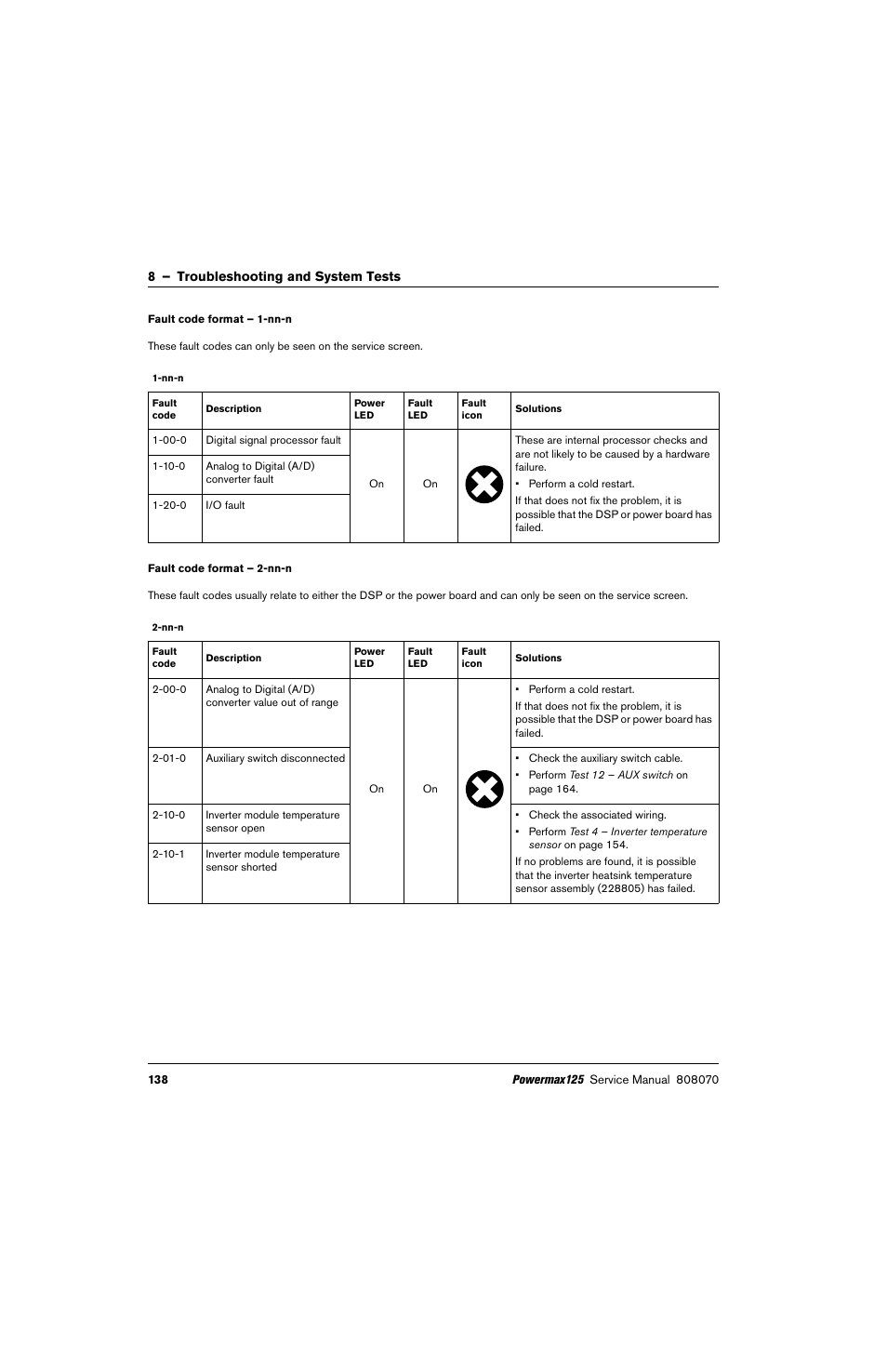 Fault code format – 1-nn-n, Fault code format – 2-nn-n | Hypertherm Powermax125 Service Manua User Manual | Page 138 / 317