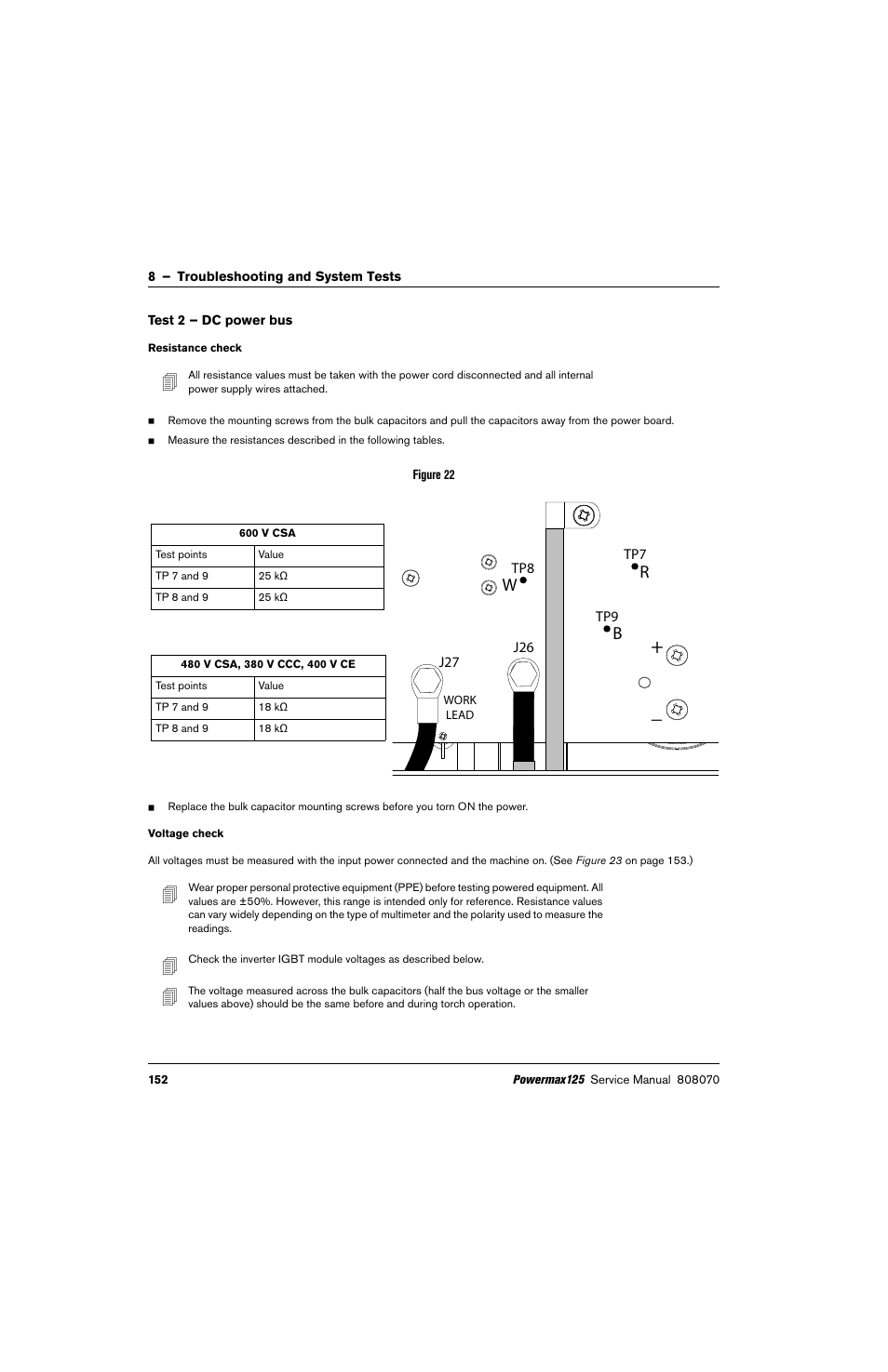 Test 2 – dc power bus, Resistance check, Voltage check | Test 2 – dc power bus on, Test 2 – dc, Wr b | Hypertherm Powermax125 Service Manua User Manual | Page 152 / 317