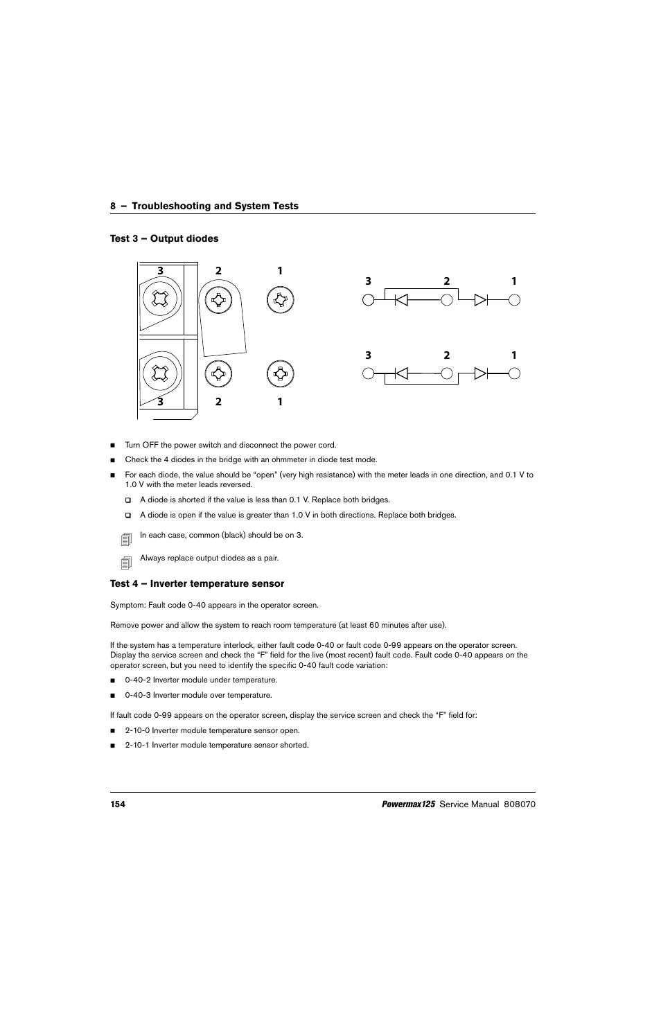Test 3 – output diodes, Test 4 – inverter temperature sensor, Test 4 – inverter temperature | Test 3 – output | Hypertherm Powermax125 Service Manua User Manual | Page 154 / 317