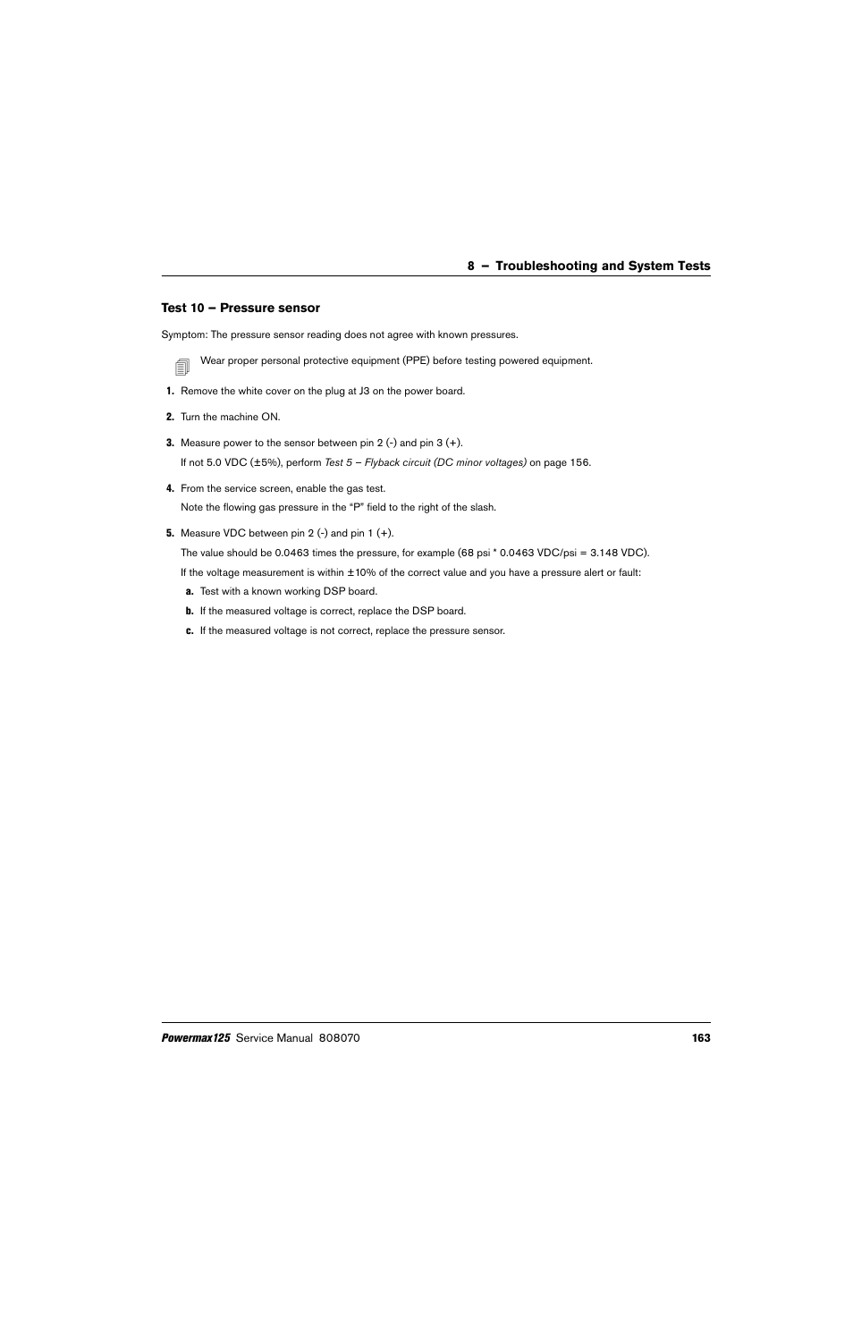 Test 10 – pressure sensor, Test 10 – pressure sensor on | Hypertherm Powermax125 Service Manua User Manual | Page 163 / 317