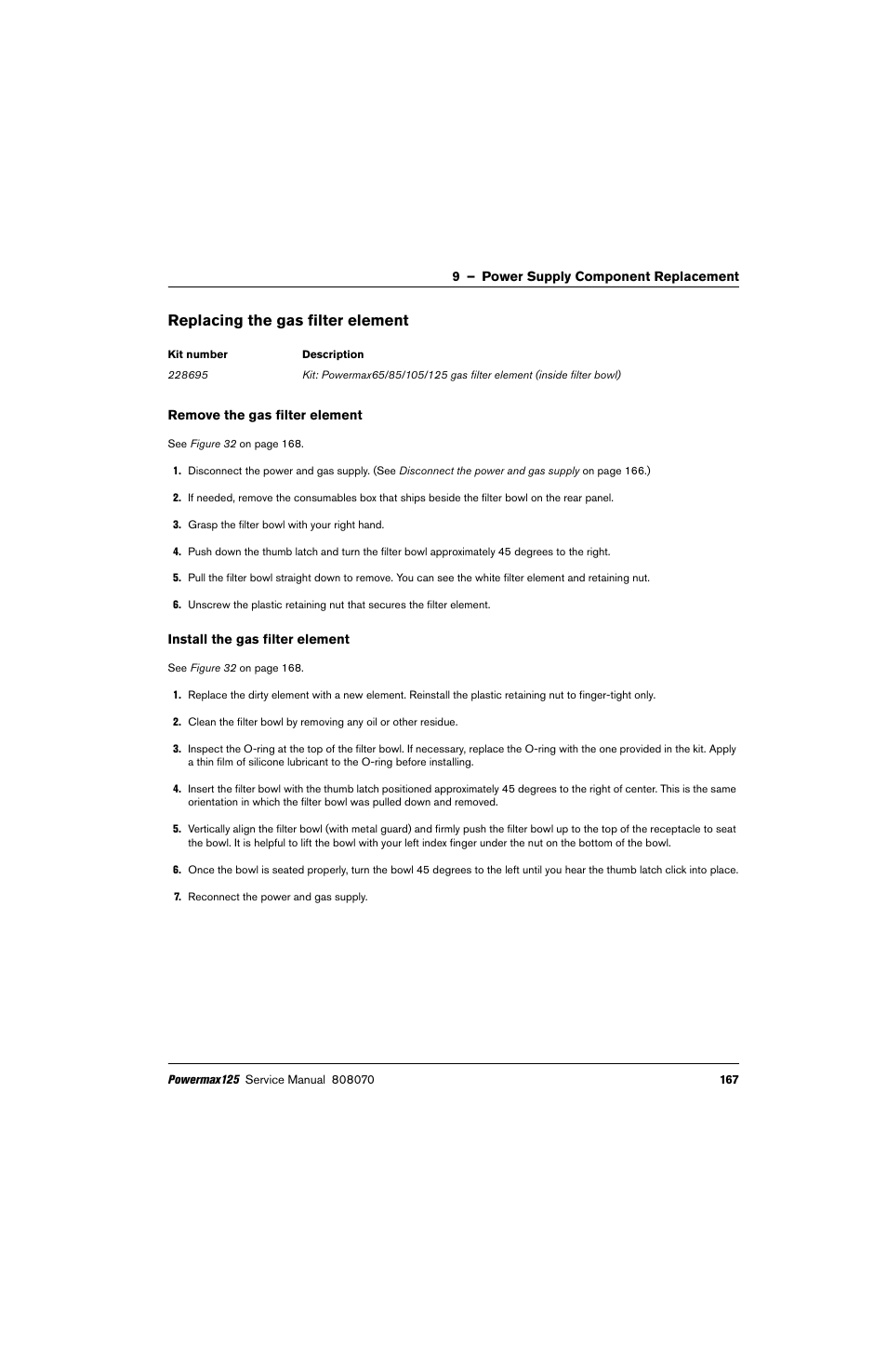 Replacing the gas filter element, Remove the gas filter element, Install the gas filter element | Hypertherm Powermax125 Service Manua User Manual | Page 167 / 317