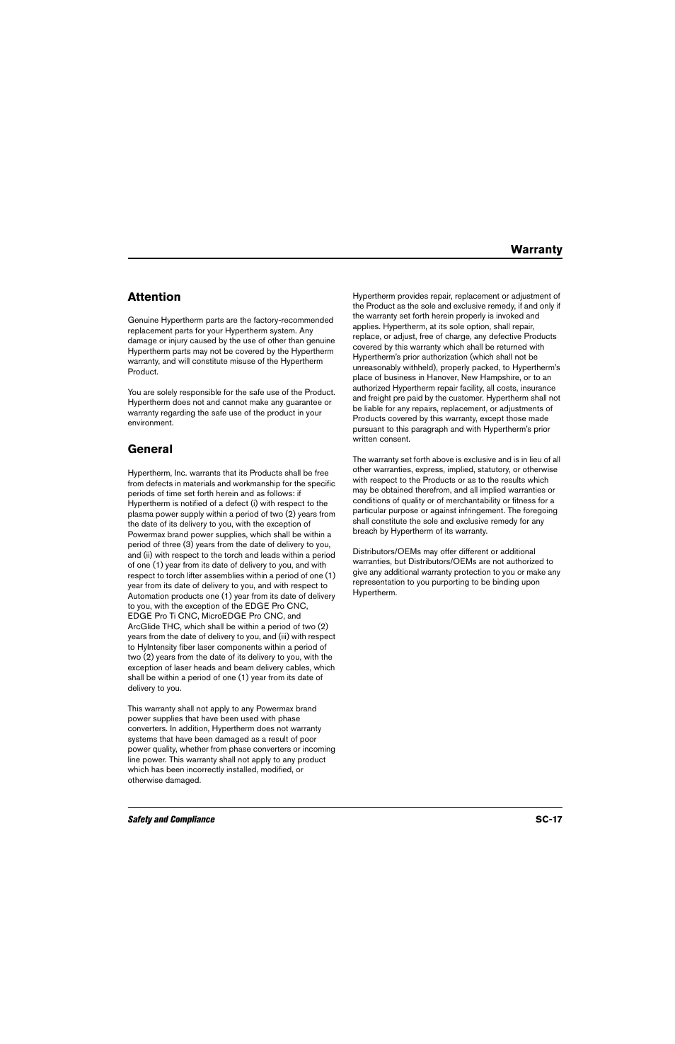 Warranty, Attention, General | Sc-17 | Hypertherm Powermax125 Service Manua User Manual | Page 17 / 317