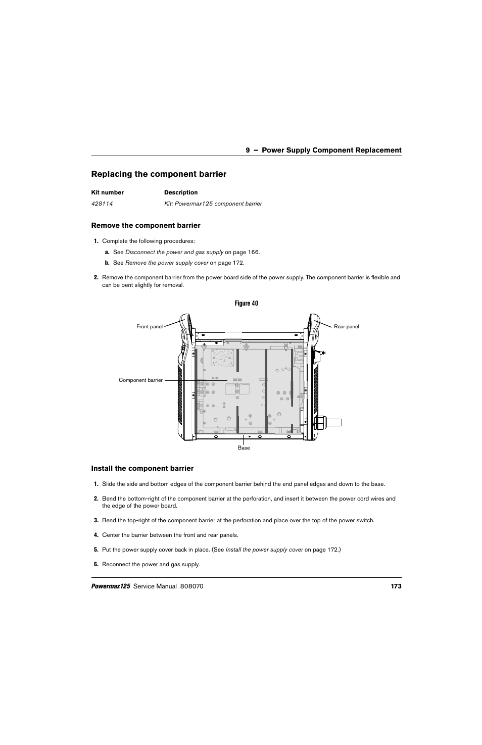 Replacing the component barrier, Remove the component barrier, Install the component barrier | Hypertherm Powermax125 Service Manua User Manual | Page 173 / 317