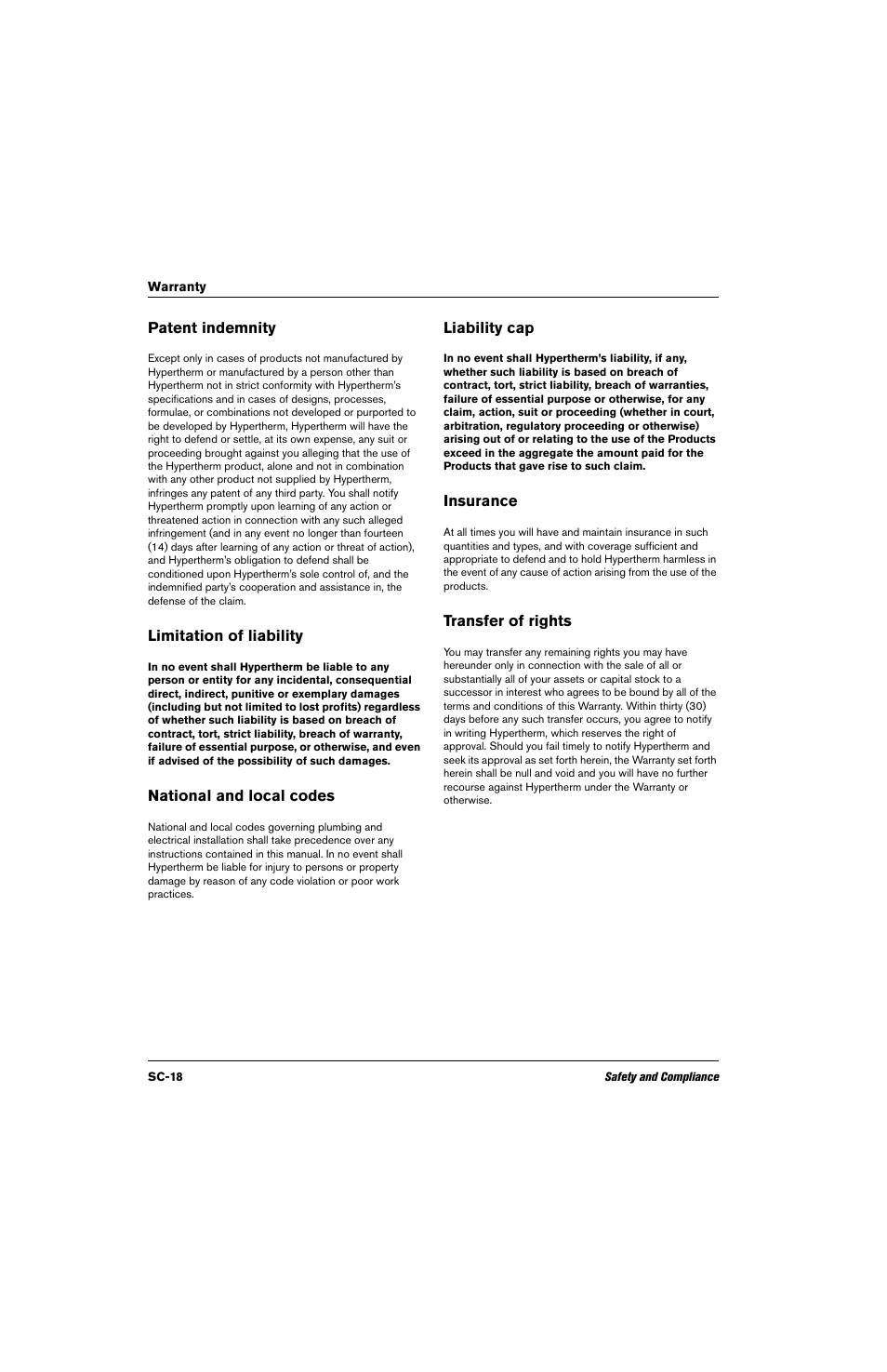 Patent indemnity, Limitation of liability, National and local codes | Liability cap, Insurance, Transfer of rights | Hypertherm Powermax125 Service Manua User Manual | Page 18 / 317